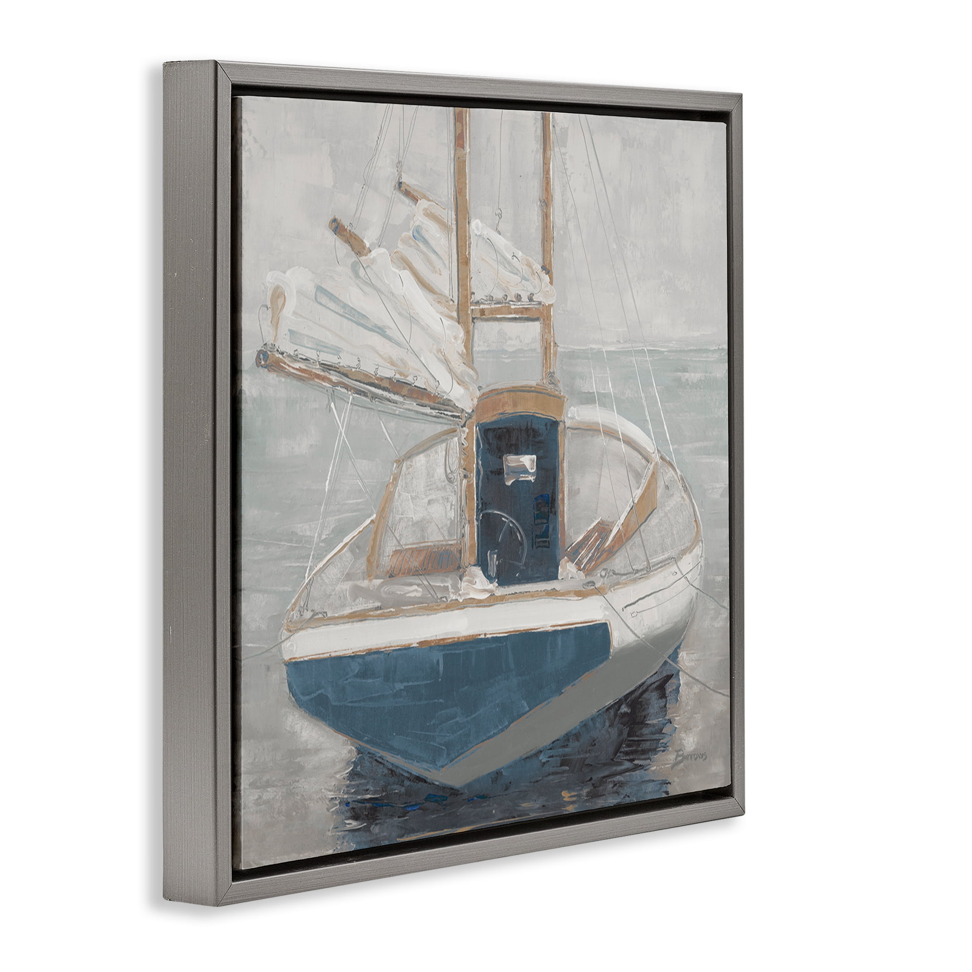 Stupell Industries Serene Harbor Sail Boat Gray Framed Floater Canvas Wall Art, design by John Burrows