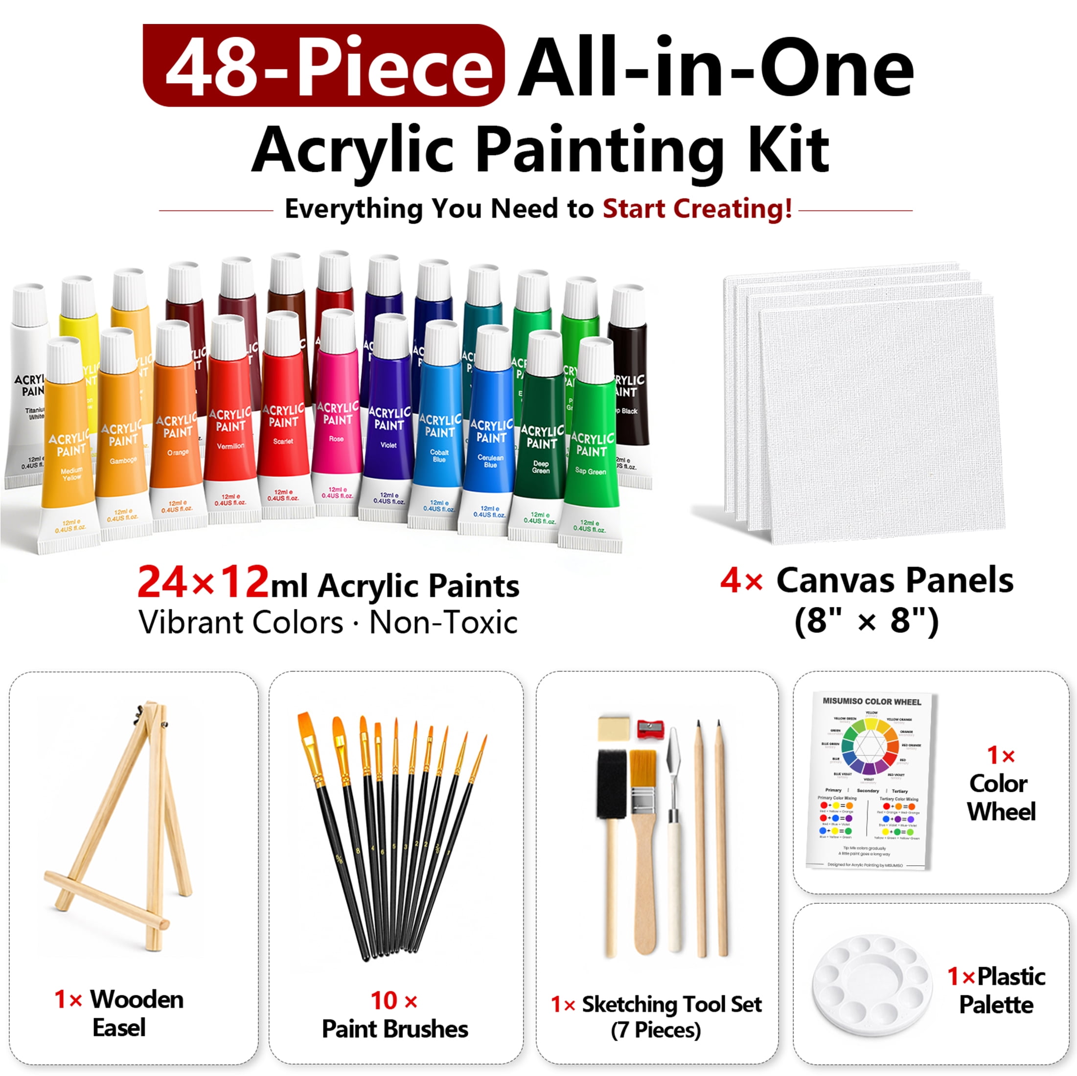 MISUMISO Acrylic Paint Set, 24 Colors Acrylic Paint with 4 Canvas Panels, 10 Brushes, Wooden Easel, Palette & Paint Knives – All-in-One Art Supplies Kit for Beginners & Artists