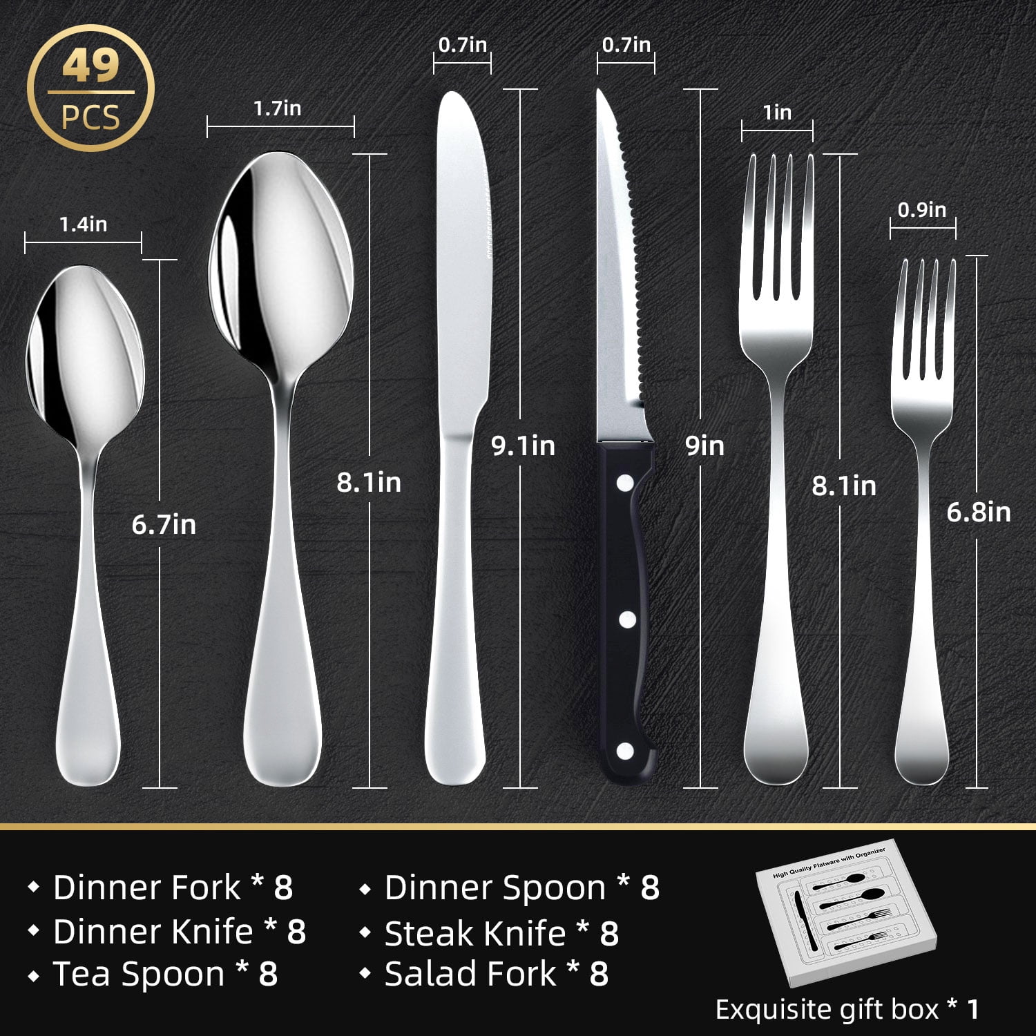 TINANA 48 PCS Silverware Sets with Organizer, Silver Flatware Set Set for 8, Premium Stainless Steel Cutlery Utensil Set with Steak Knives Forks and Spoons, Dishwasher Safe