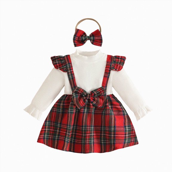 kmaduk Christmas Toddler Girl Plaid Dress Long Sleeve Bow Patchwork Rib Ruffled Shirts Dress Baby Xmas Outfit (Brick Red,6-9 Months)