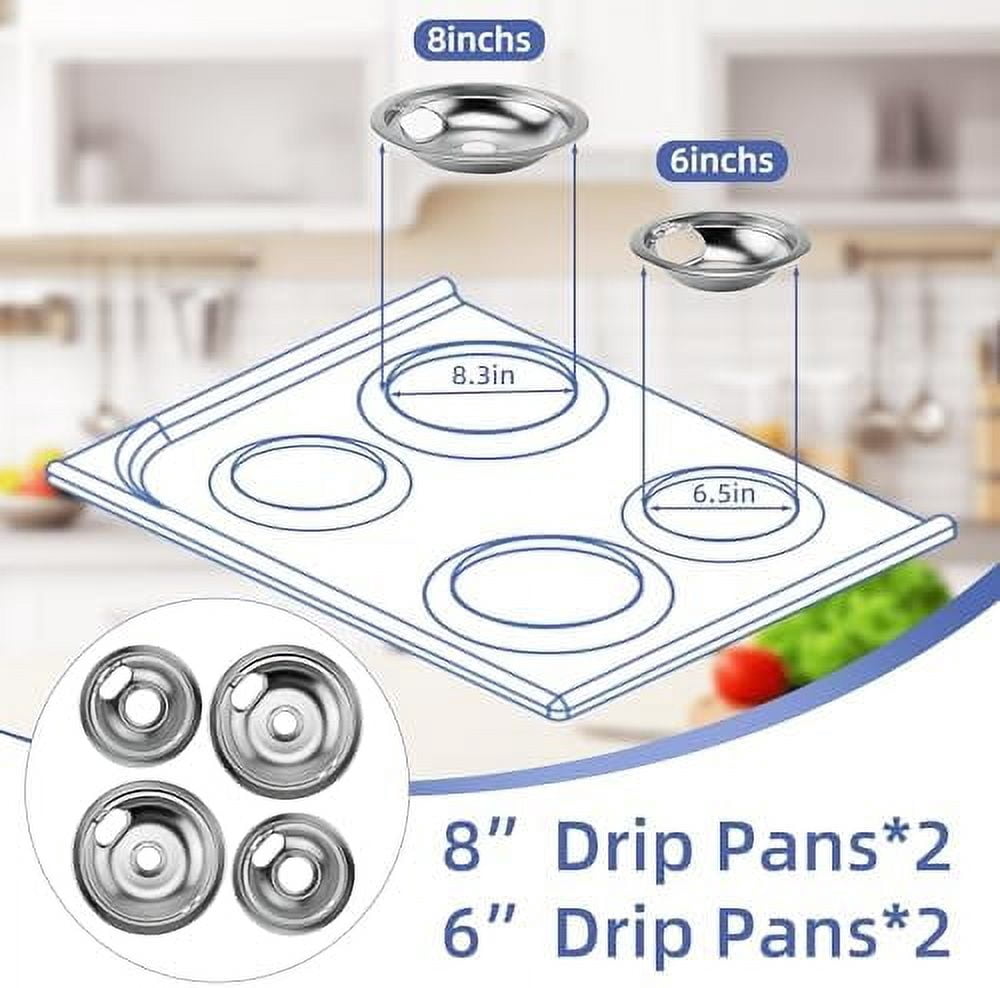 W10196406 and W10196405 Chrome Stove Burner Drip Pan Set for Whirlpool Amana Maytag Magic-Chef Kenmore Electric Range with Locking Slot, Includes 2 6-Inch and 2 8-Inch Drip Bowls
