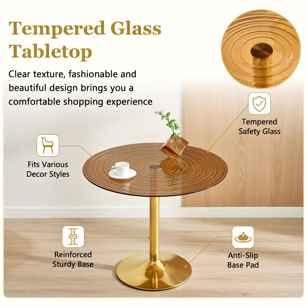 Hommoo 35 Inch Round Glass Dining Table with Metal Base, Light Luxury Brown Ring Top Coffee Table for Small Spaces (2-4 People), Gold