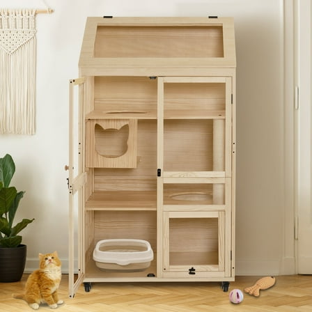 MCombo Wooden Cat House with Opening Top Skylight, Luxury Cat House with Multiple Levels for Indoor Cats, Lockable Doors, Wheels, CT392