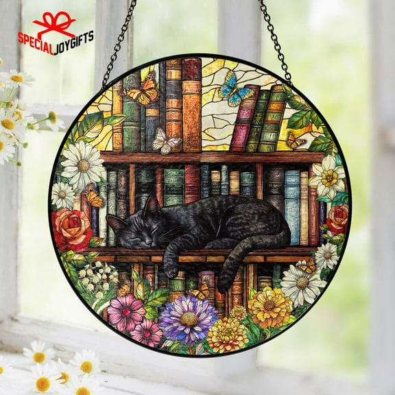 Flower Book Cat Stained Glass Suncatcher, Fantasy Book Lover Gifts, Stained Glass Cat Home Decor, Black Cat Lover Gift, Book Reader Gifts
