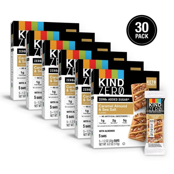 (6 pack) KIND ZEROg Added Sugar Bars, Keto Friendly, Caramel Almond and Sea Salt Flavored, 6.2oz Box (5 Bars)