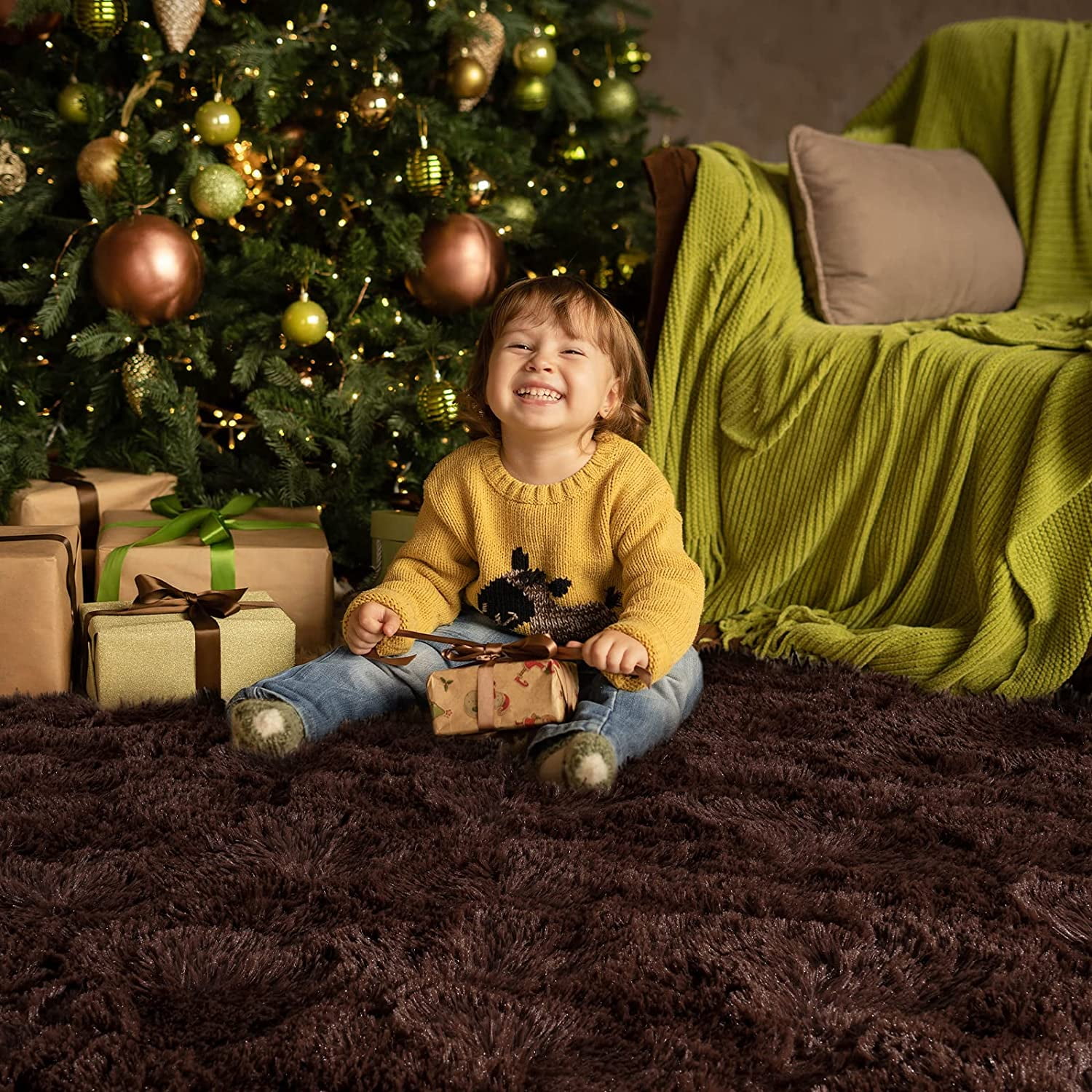 Softlife Fluffy Soft Rug Contemporary Chocolate Brown Soild Area Rug, 5.3' x 7.5'