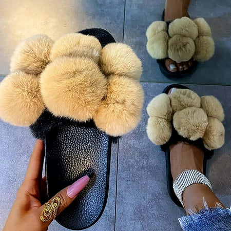 

YOTAMI Womens Sandals Color Hair Ball Plush Slippers Female New Large Size Plush Cotton Slippers Khaki