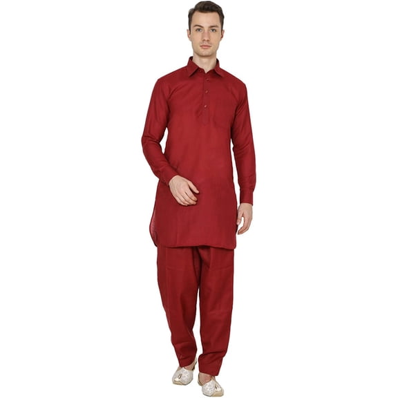 Royal Kurta Men's Cotton Pathani Kurta Pyjama Red