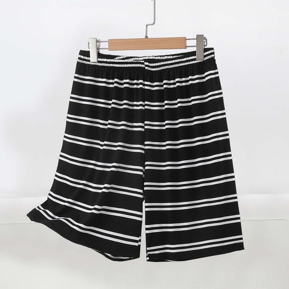 Karymi Women's Pants Black and White Striped Elastic Waist Shorts, Casual Loose Fit Loungewear Shorts, Comfortable Cotton Blend Homewear Shorts Jean Shorts Womens