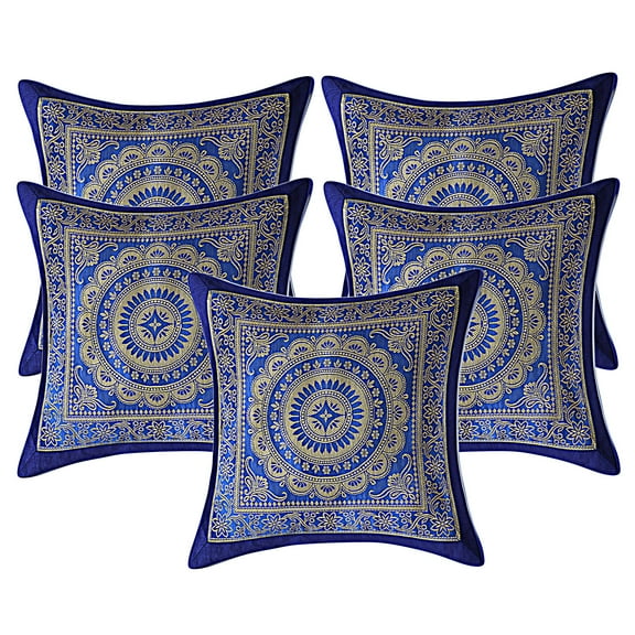Stylo Culture Ethnic Sofa Throw Pillow Covers 12 x 12 Jacquard Ink Blue Square 30cm x 30cm Home Decor Brocade Floral Mandala Zippered Cushion Covers | Set Of 5