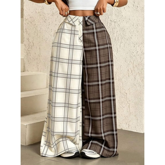 Women's Plaid Collared Wide Leg Pants, Elastic Waist Loose Fit Draped Palazzo Trousers for Everyday, Vacation & Casual Wear