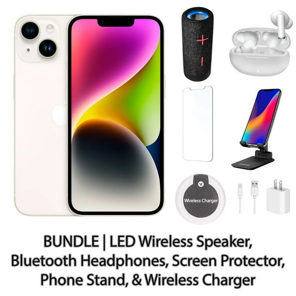 Restored Apple iPhone 14 128GB Starlight Fully Unlocked Bundle with LED Wireless Speaker, Bluetooth Headphones, Screen Protector, Wireless Charger, & Phone Stand (Refurbished)