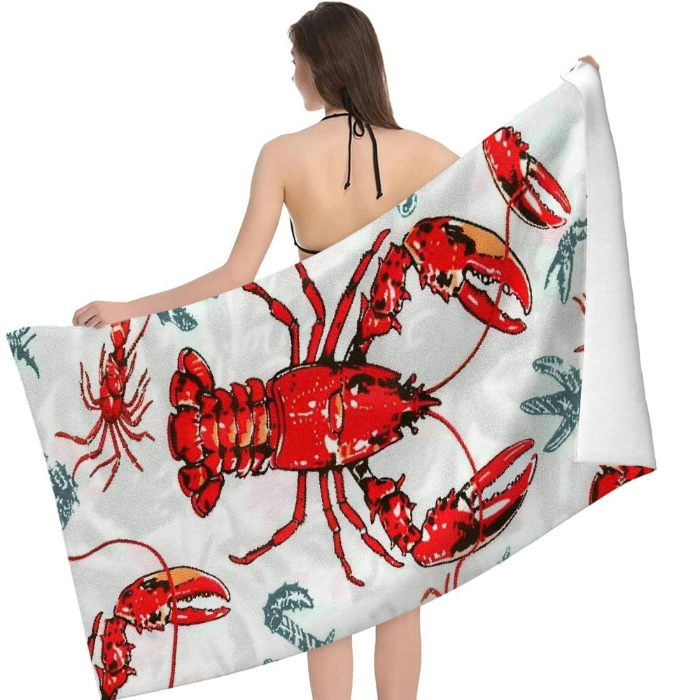 PHYHOO Red Crab Lobster Pattern Microfiber Sand Free Beach Towel Oversized Quick Dry Absorbent for Pool Swimming Bathroom Beach Towel  30x60in