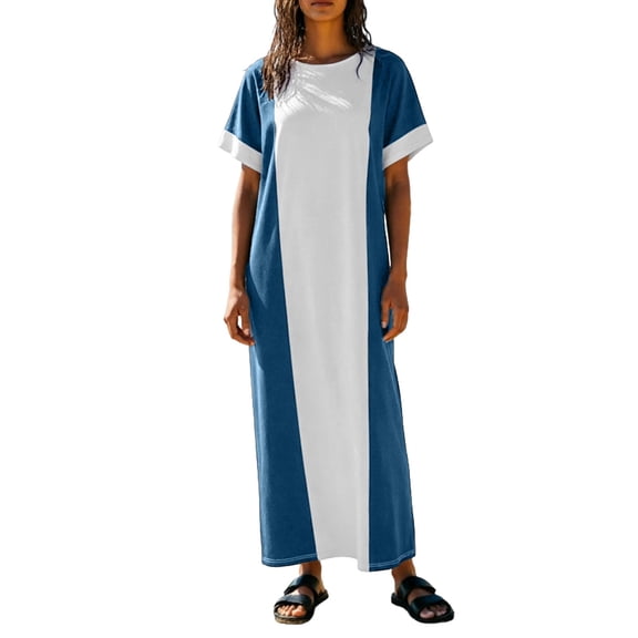 Bysome Women Dresses Colorblock Short Sleeve Crew Neck Baggy Dress Summer Fashion Women Dress Size L Blue