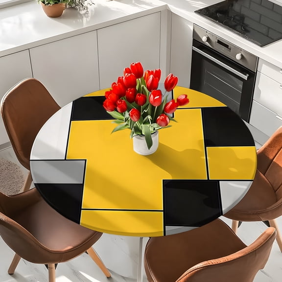 Retro Abstract Geometric Elastic Fitted Round Tablecloth Yellow Spring Waterproof Outdoor Table Cover for Holiday Party, Picnic, Patio & Dining Fits Tables Up to 36"-44"