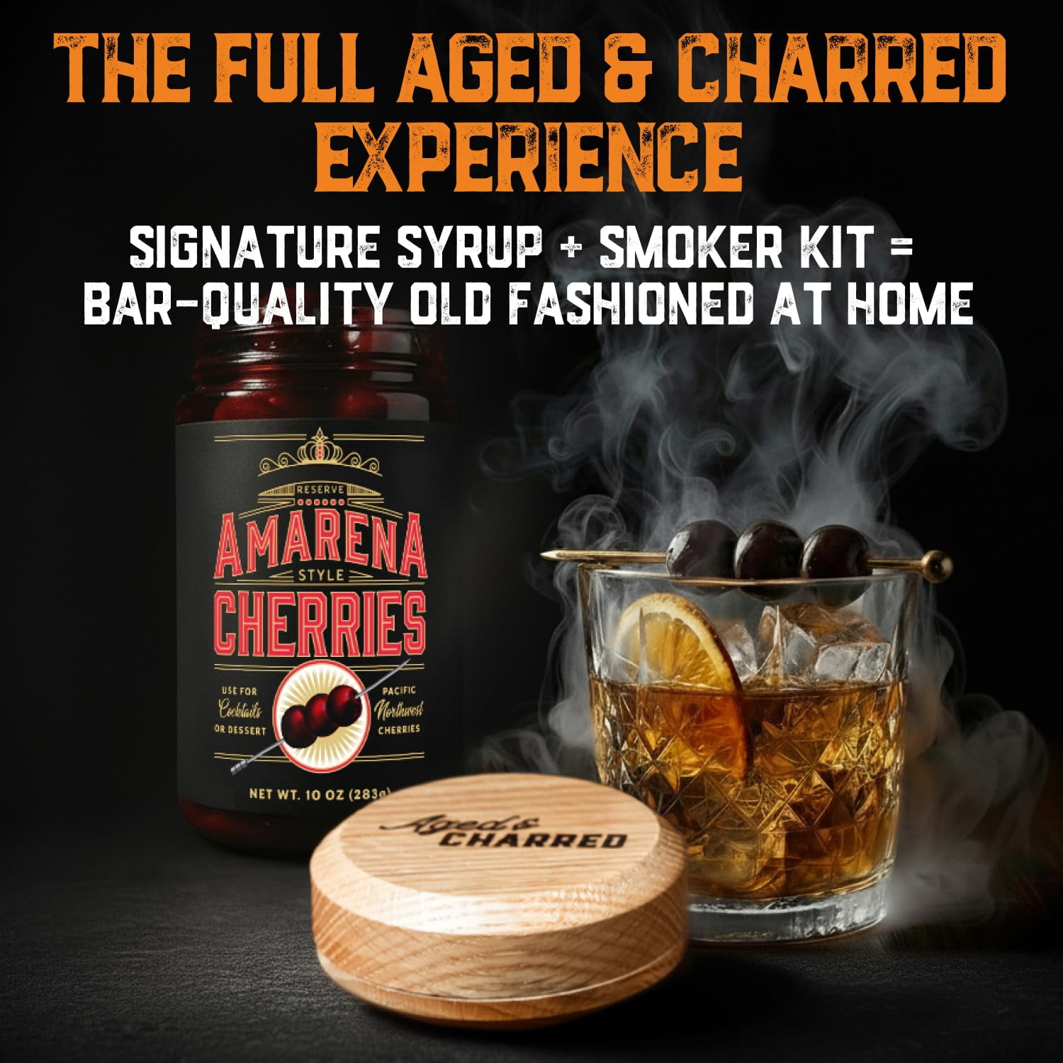 Aged and Charred Amarena Cherries in Syrup, 10 oz Cocktail Garnish for Bourbon and Whiskey, 30–40 Cherries, Made in USA