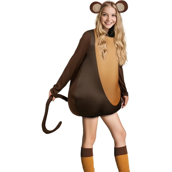 VZQI Monkey Costume for Adults, Unisex One Piece Animal Jumpsuit with Headband, Halloween Cosplay Costume for Carnival, Themed Parties, Role Play
