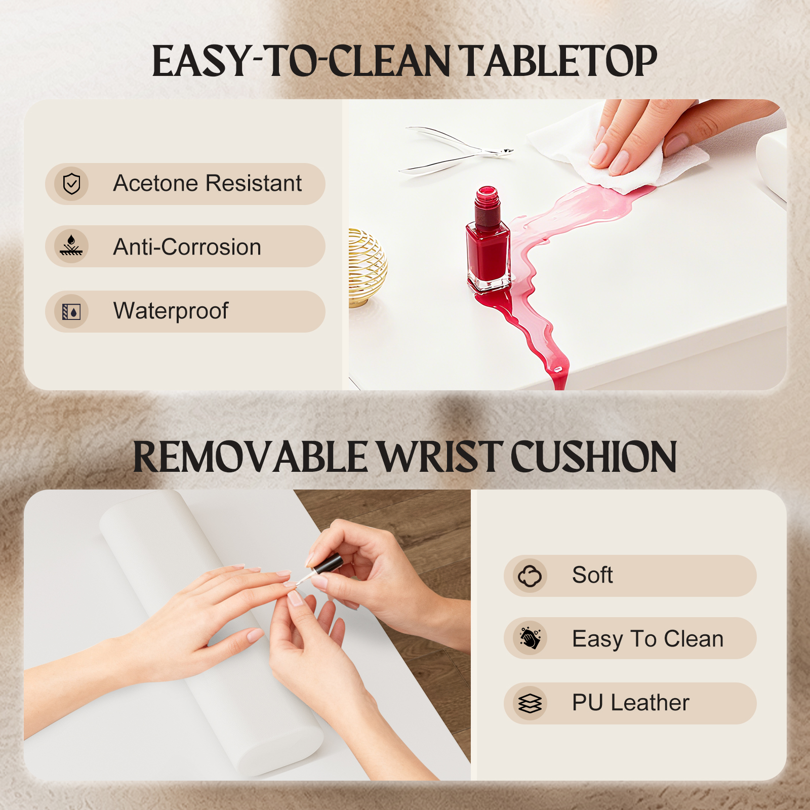 55 Inch Nail Desk for Nail Tech, White Manicure Table Nail Station with Foldable Tray & Trash Bag Holder, Wrist Cushion, Lockable Wheels, Nails Table for Nail Beauty Salon Spa（White）