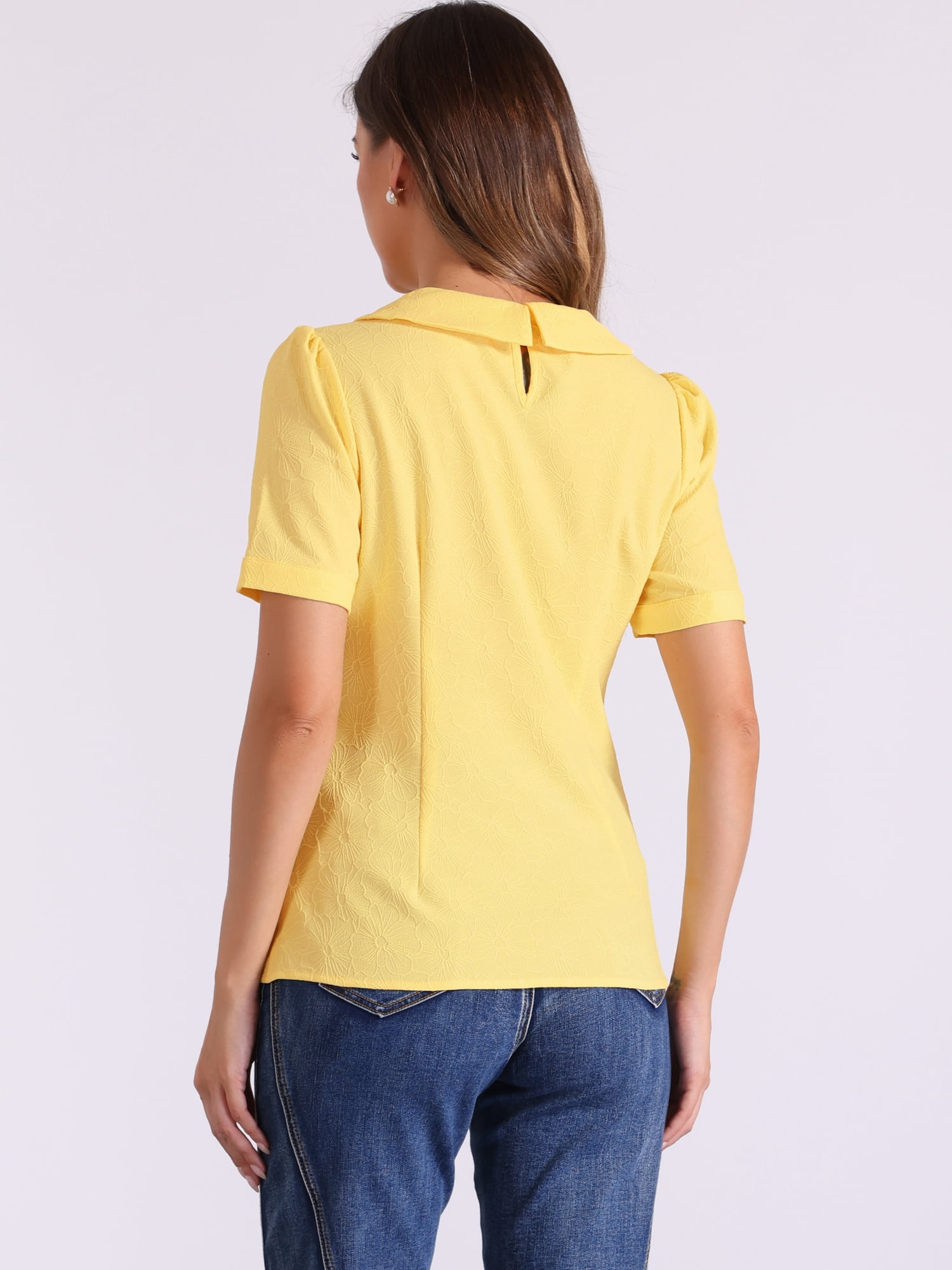 DARING DIVA Floral Puff Kawaii Peter Pan Collar Blouse M Yellow