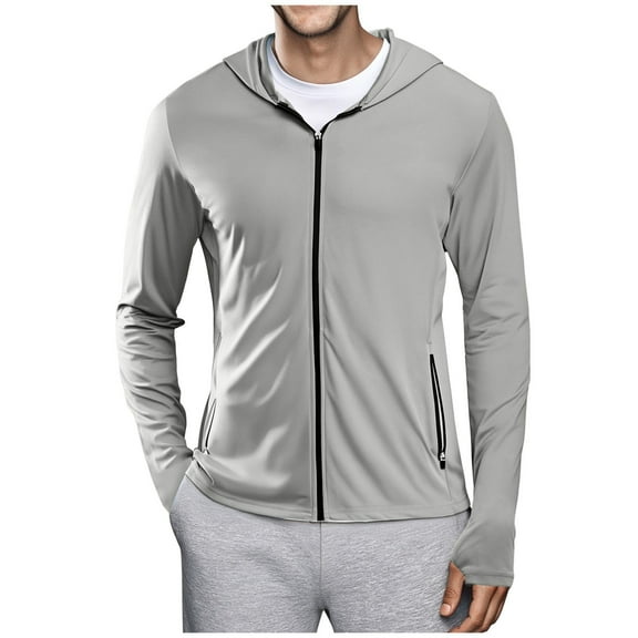 DPTALR Men's Solid Color Sunscreen Hooded Jacket,Long Sleeved for Outdoor Sports,Fitness Training,Gray,Big and Tall Men M