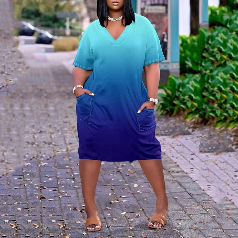 CLZOUD Dress for Women Casual Blue Polyester Spandex Dresses for Women Plus Size V Neck Comfortable Dresses Short Sleeve Knee Printed A Line Swing Midi Dress Xxxxxl Walmart