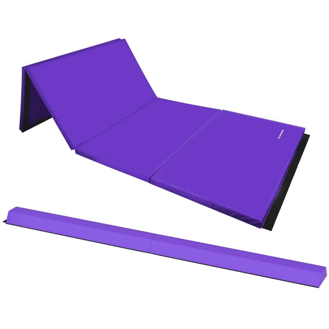 BalanceFrom 6ft x 4ft x 2in 4-Panel Folding Gymnastics Mat with 8ft Balance Beam, Purple