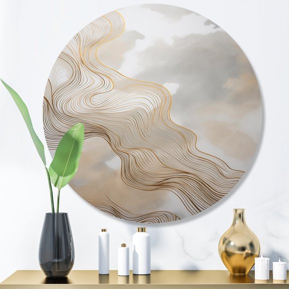 Designart "Linear Expressions in Gold and Grey V" Minimalism Line Art Metal Round Wall Art Prints
