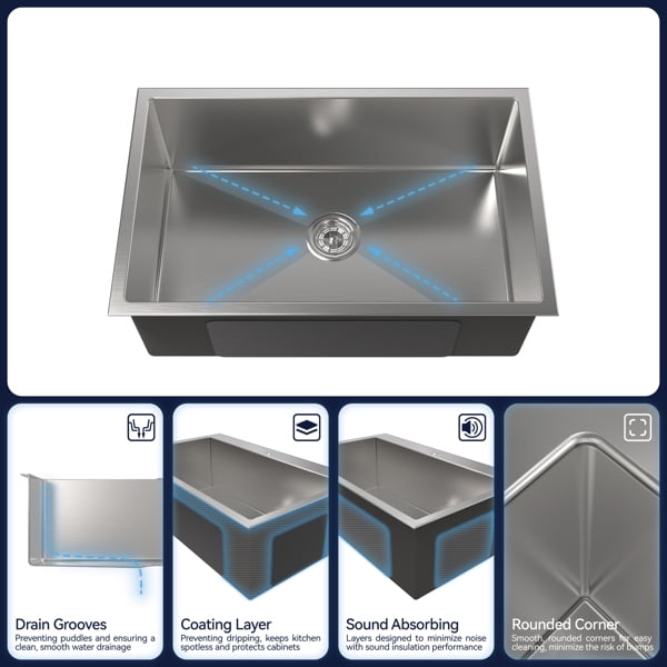 Stainless Steel Kitchen Sink, 30″x19″ Drop In Single Bowl, Undermount Handmade Sink in Brushed Nickel, with US Standard Drain and Hook