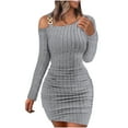thumbnail image 2 of Brilliant Fall Dresses for Women 2024 Mini Wrap Cold Shoulder Bodycon Women's Sexy Solid Long Sleeve Metal Buckle Buttocks Slimming Dresses Gray L, 2 of 6