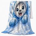 thumbnail image 2 of Winter Seal Blue Sweater Snowy Forest, Festive Holiday Scene, Warm Flannel Blanket for Cabin and Lodge with Detailed Artwork, Art Lovers Housewarming Gift, Playful Home Decor, 2 of 9