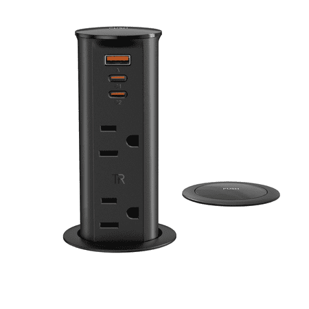 VILONG Desk Pop up Outlet Box Power Strip with 20W USB-C Fast Charging, Recessed Socket Retractable Design for Kitchen Island, Countertop, ETL Listed, Black
