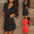 thumbnail image 2 of 3Pc Women's Silk Sleepwear Robes Casual Solid Color Long Sleeves Lace-Up Nightdress Lightweight Comfortable Bathrobes Red Free Size, 2 of 9
