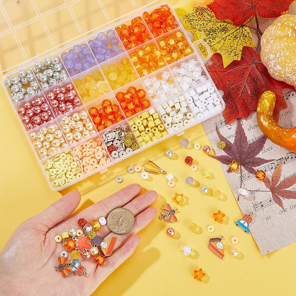 1 Box 530Pcs 8~9mm Thanksgiving Day Beads Holiday Glass Beads & 10Pcs Alloy Enamel Charms & 15g Clay Bead Fall Beads and Charms Findings Kits for Jewelry Making Supplies DIY Bracelet Necklace