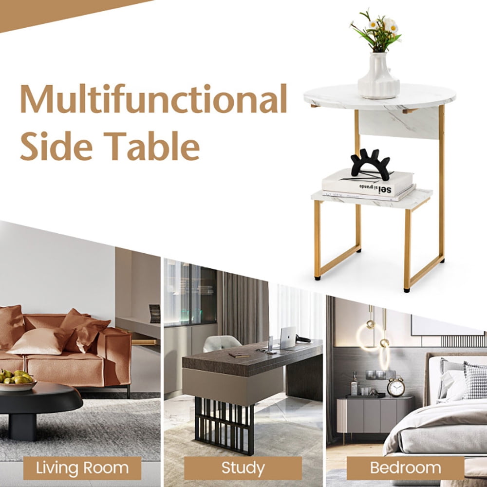 Finihen End Table, 2-Tier Round End Beside Table with Metal Frame, Sofa Side Table, Bed Side Table, for Living Room, Bedroom, White Finihen End Table, 2-Tier Round End Beside Table with Metal Frame, Sofa Side Table, Bed Side Table, for Living Room, Bedroom, White