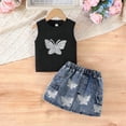 thumbnail image 6 of Girls 2Pcs Skirts Sets Outfits Summer Short Sleeve Crewneck Tops and Denim Vintage Skirts Versatile Cute Bow Print Tops School Outfits Casual Children Clothes Age 2-8 Years Black 3-4Years, 6 of 7