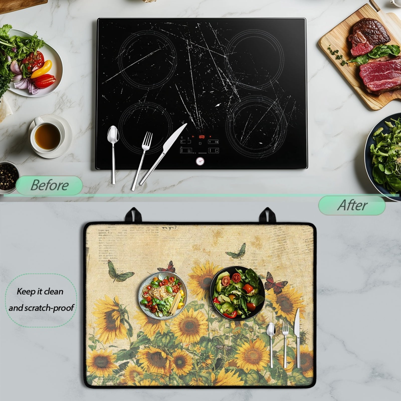 SEANATIVE Cooktop Cover Gas Stove Top Cover Induction Stove Protector Anti-Slip Heat-Resistant Pad Electric Glass Stoves Covers 29.18 x 20.96 Inches, Sunflower Butterfly Retro Vintage Style
