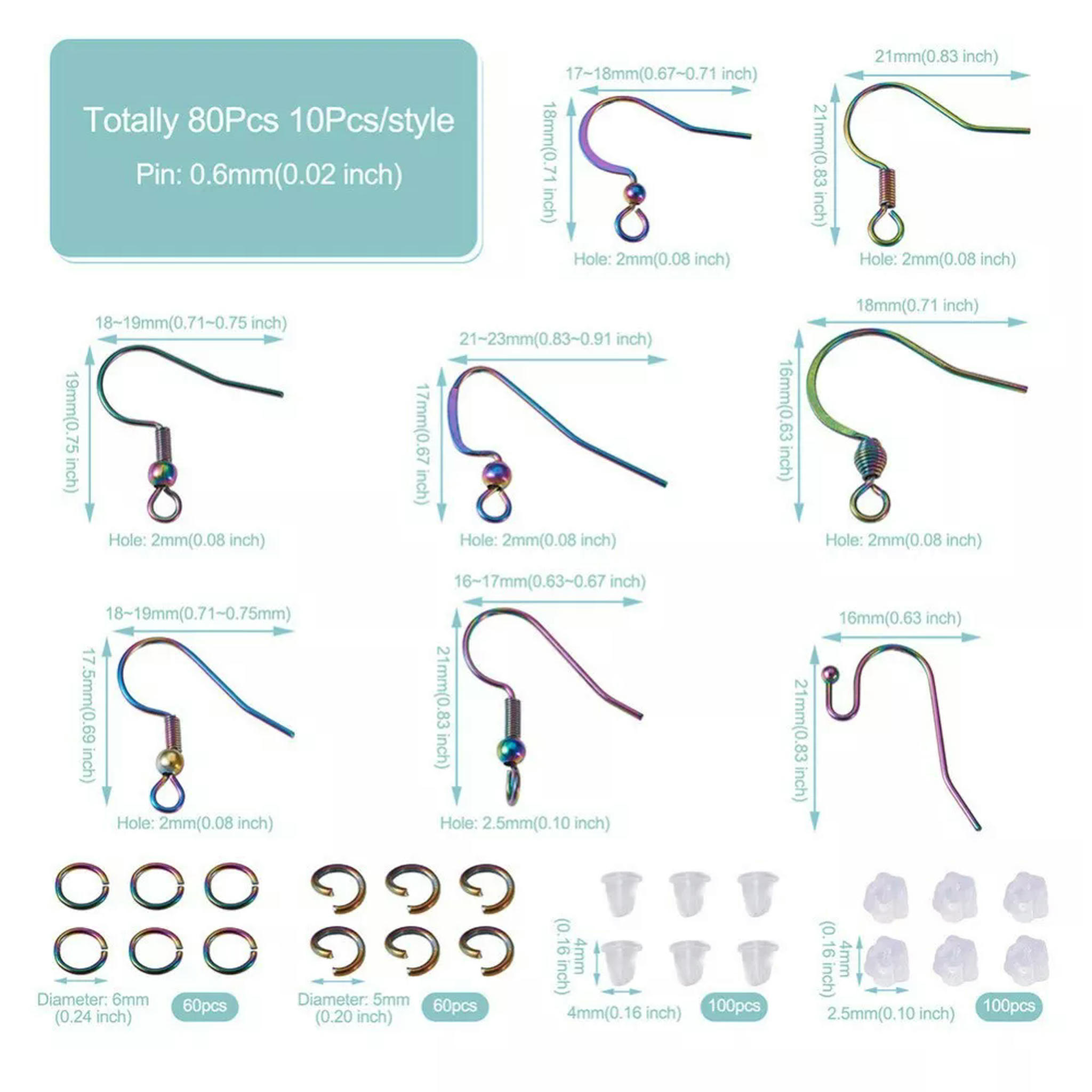 EOEMY 1 Box Stainless Steel French Earring Hooks With Jump Rings And Ear Nuts Diy Kit
