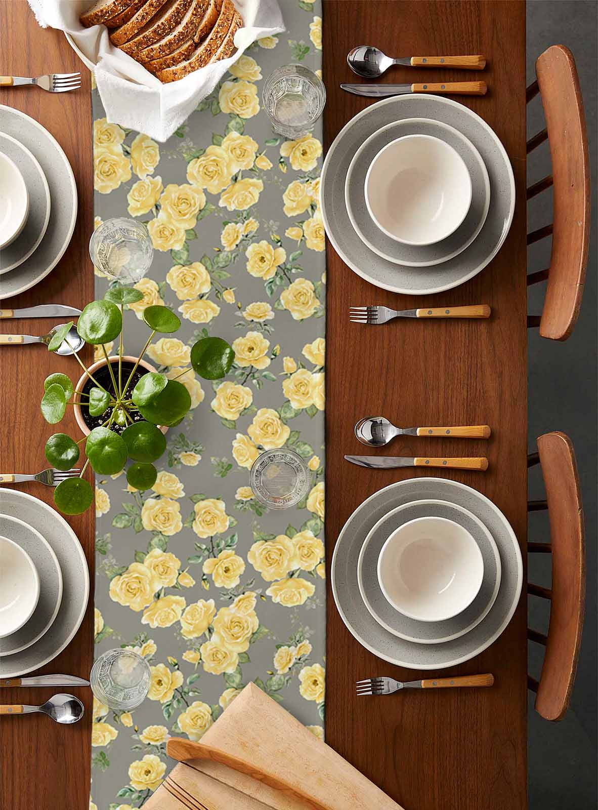 Yellow Floral Table Runner Cotton Linen 108 Inch Holiday Dresser Scarves, Farmhouse Garden Flowers Botanical Tablerunner for Kitchen Coffee Dining Bedroom Living Room Dinner Scarf Décor 13''x108''
