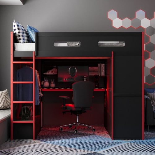 Lit Mezzanine en Bois Pleine Grandeur avec Bureau, Garde-Robe, Grand Espace de Rangement et Lumière RVB, Rouge