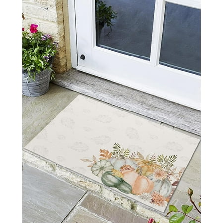 

Indoor Outdoor Mats Autumn Watercolor Pumpkins and Flowers Maple Leaf Texture Door Mat Non-Slip Absorbent Resist Dirt Entrance Mat Washable Welcome Mats for Entryway Low-Profile Floor Mats