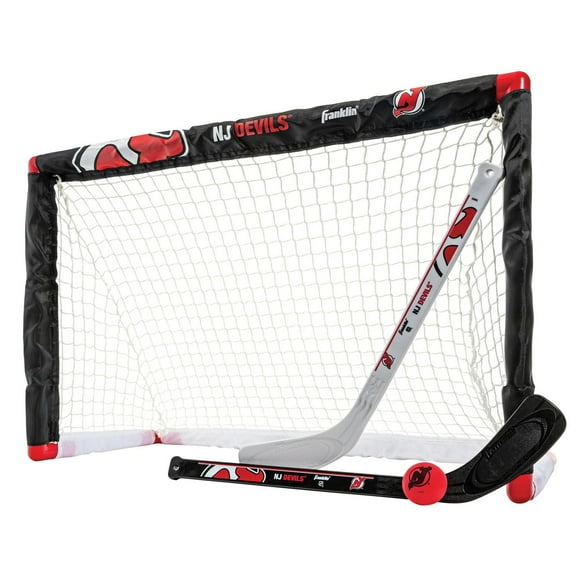 Franklin Sports NHL Devils Mini Hockey Set - Kids Indoor Knee Hockey Goal, Ball, 2 Mini Hockey Stick Combo Set