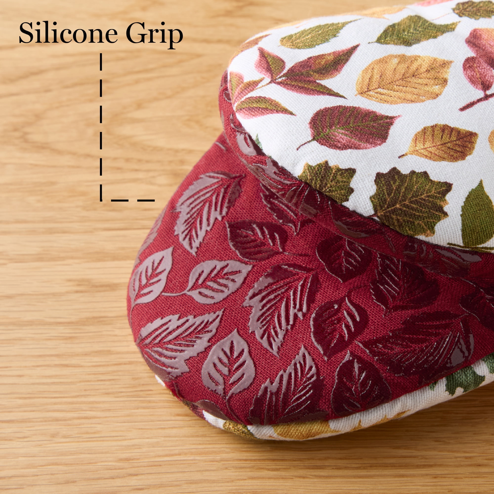 MARTHA STWEART Autumn Harvest Falling Leaves Mini Oven Mitt 2-Pack Set, 100% Cotton with Decorative Non-Slip Silicone Grip, Heat Resistant, Tan/Red/Green, 5.5"X8"