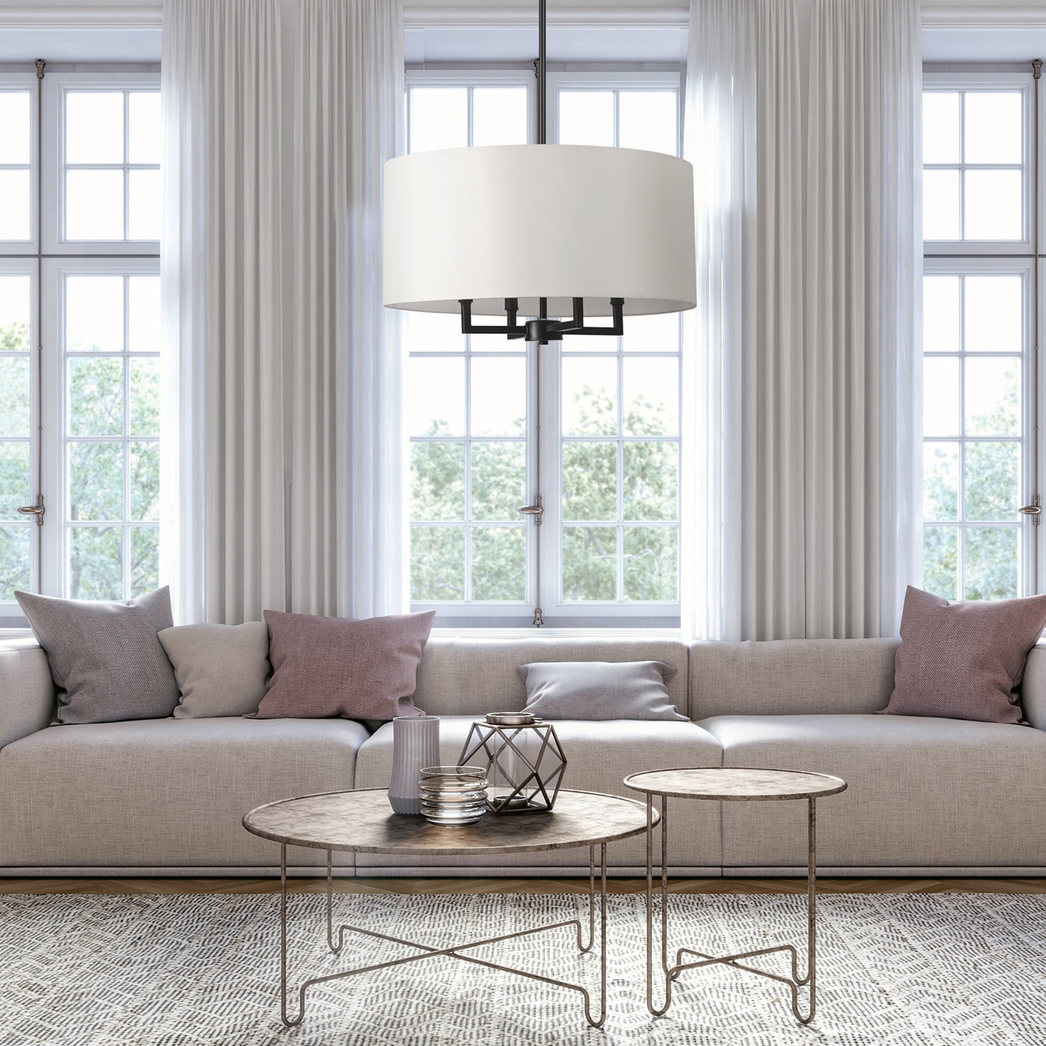 Globe Electric 4-Light Matte Black Chandelier, Beige Fabric Shade, Modern Farmhouse Style, 91004458