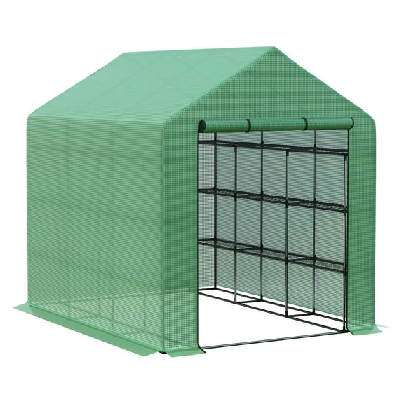 Walk-In Greenhouse Outdoor, 96" x 70.75" x 82.75", 18 Shelves, PE Cover, Roll-Up Zipper Door, Portable Plant Grow House, Green