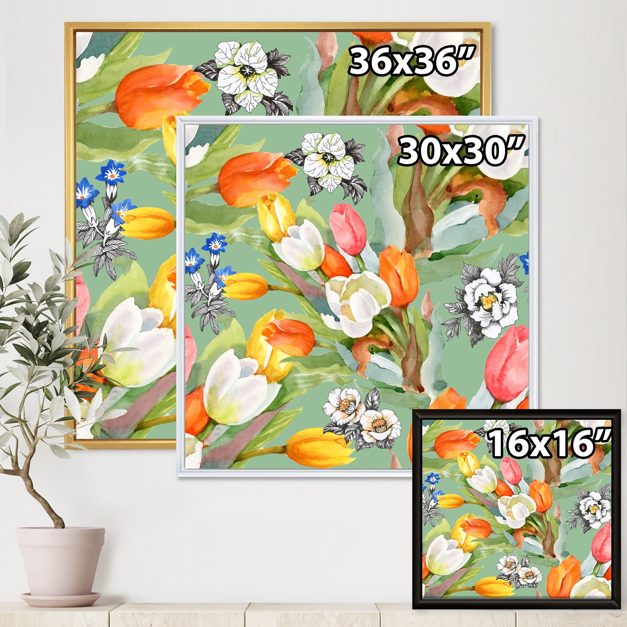 Designart 'Blooming Orange and White Tulips II' Traditional Framed Canvas Wall Art Print