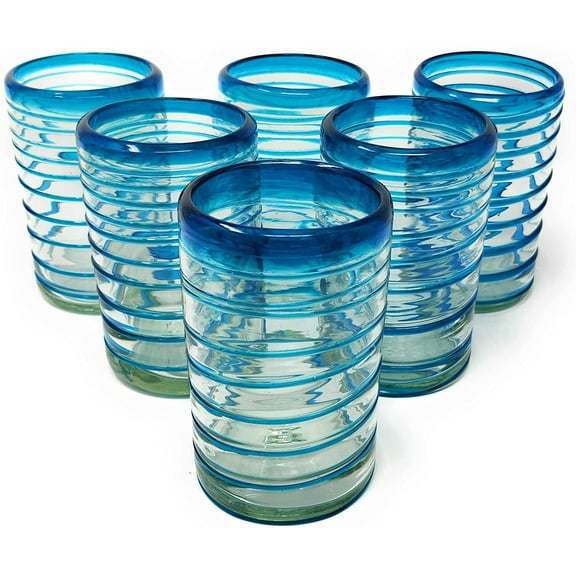 Dos Sueños Hand Blown Mexican Drinking Glasses  Set of 6 Glasses with an Aqua Spiral Design 14 oz each