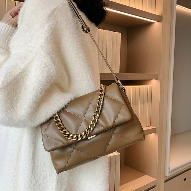 Bolso de cuero de PU femenino con forma de rombos bordados a la moda, nuevo bolso de hombro tipo axila Joker con cadena gruesa, marrón