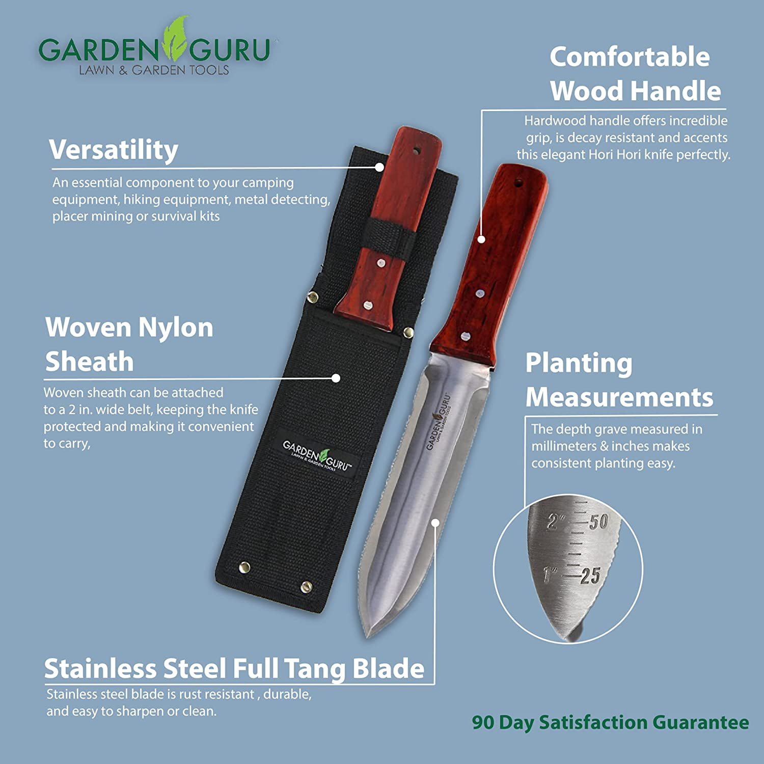 Garden Guru Hori Hori Knife Set for Weeding, Pruning, and More, Full Tang Knife Garden Blade Marks for Measuring, Nylon Sheath (4 Pack)