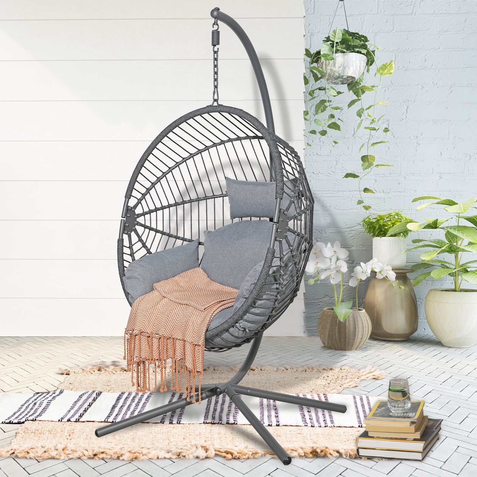 Buy Patio Swing Egg Chair with Stand, Outdoor Foldable Wicker Hanging Chair, Oversized Cocoon
