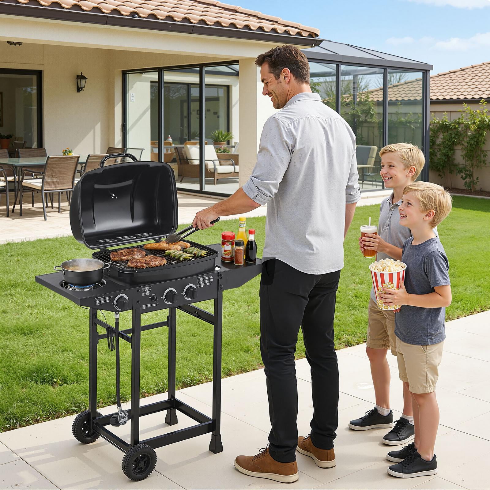 Seizeen 2-Burner Gas Grill Outdoor BBQ with Side Burner, Stainless Steel Propane Grill 24000 BTU Output, Barbecue Grill with Enameled Grate and Side Tables for Outdoor Patio Backyard Cooking